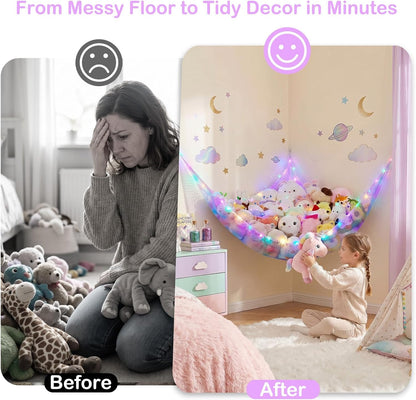 Stuffed Animals Hammock with LED Light Toy Net Room Decor Corner Storage