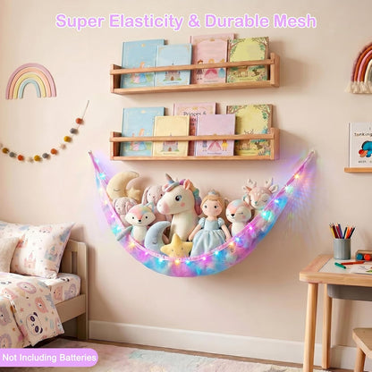 Stuffed Animals Hammock with LED Light Toy Net Room Decor Corner Storage