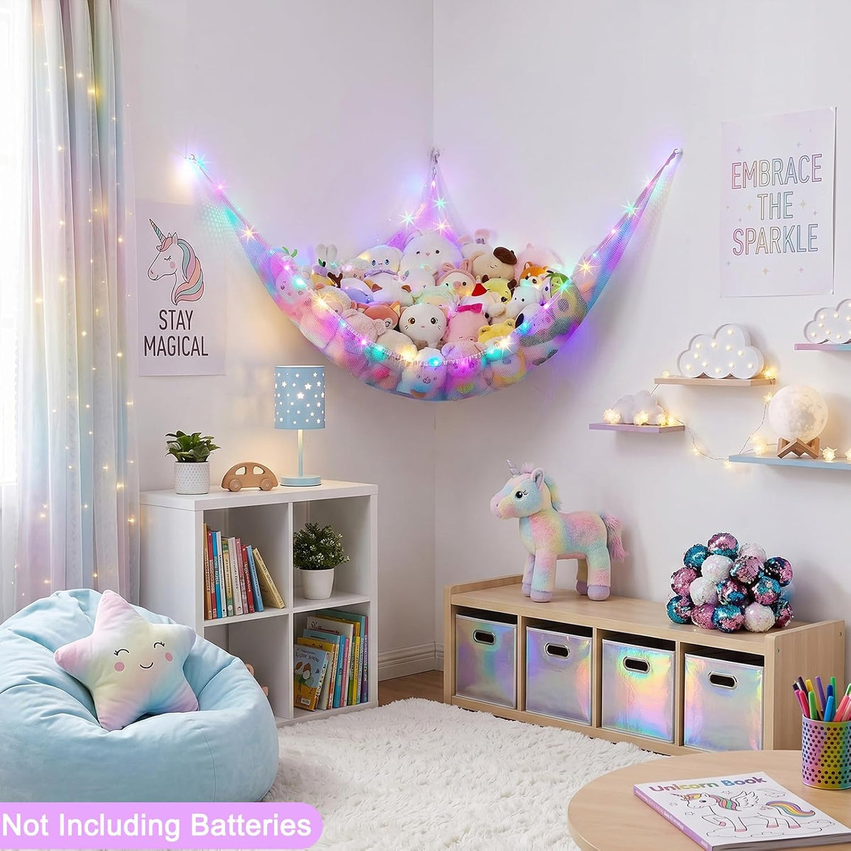 Stuffed Animals Hammock with LED Light Toy Net Room Decor Corner Storage