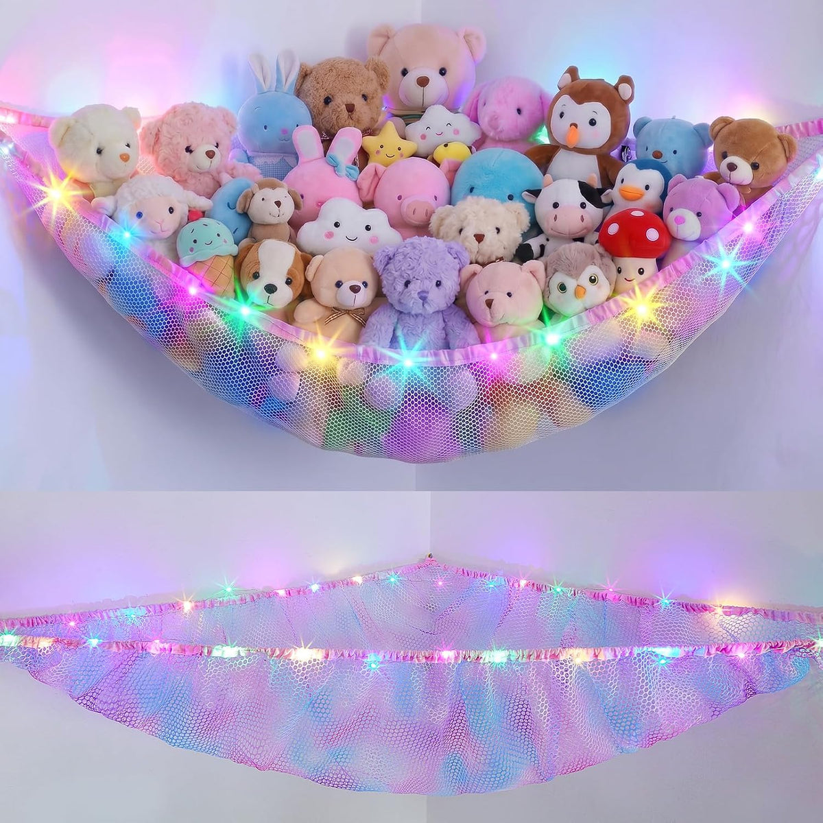 Stuffed Animals Hammock with LED Light Toy Net Room Decor Corner Storage