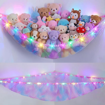 Stuffed Animals Hammock with LED Light Toy Net Room Decor Corner Storage