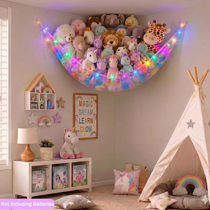 Stuffed Animals Hammock with LED Light Toy Net Room Decor Corner Storage
