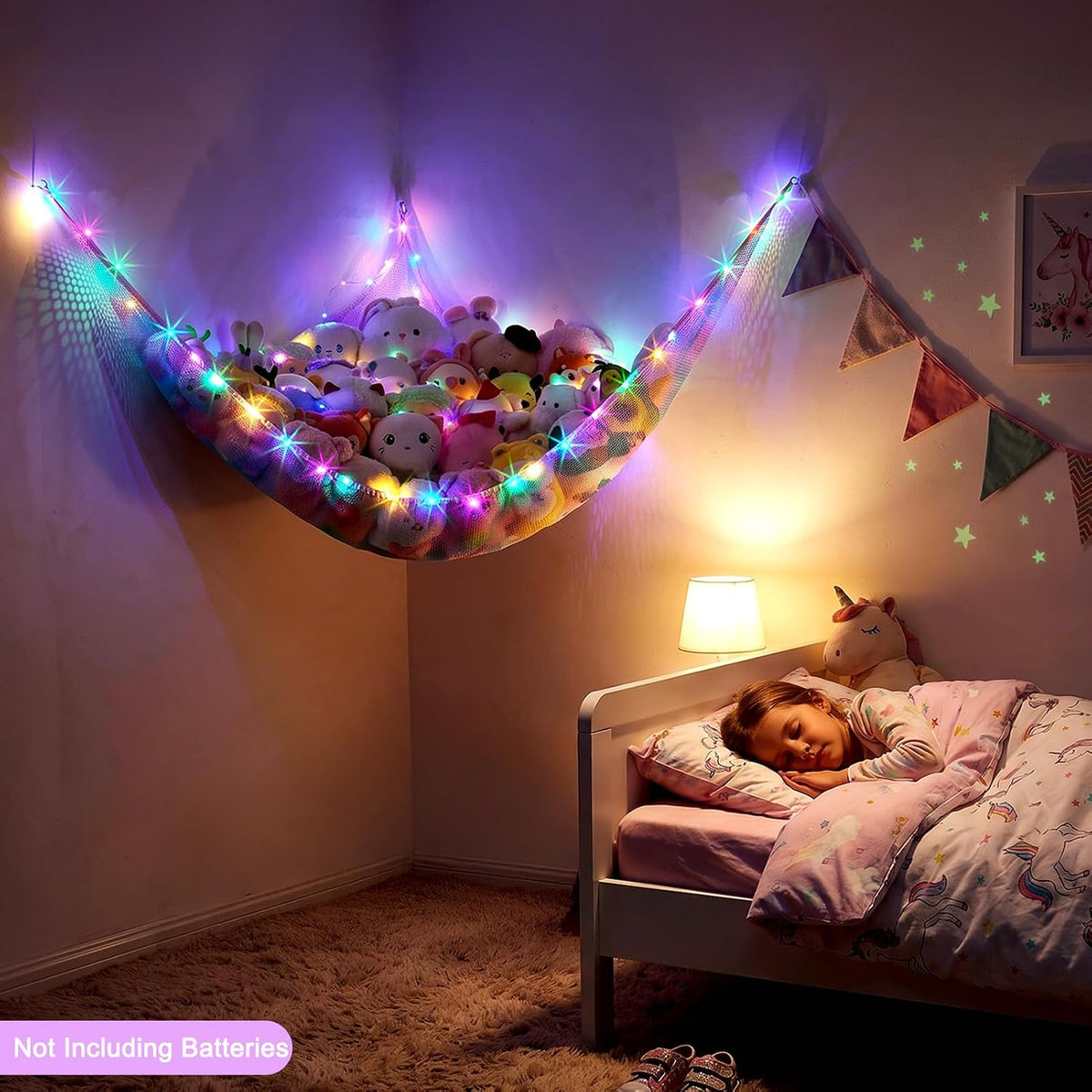 Stuffed Animals Hammock with LED Light Toy Net Room Decor Corner Storage