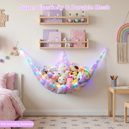 Stuffed Animals Hammock with LED Light Toy Net Room Decor Corner Storage