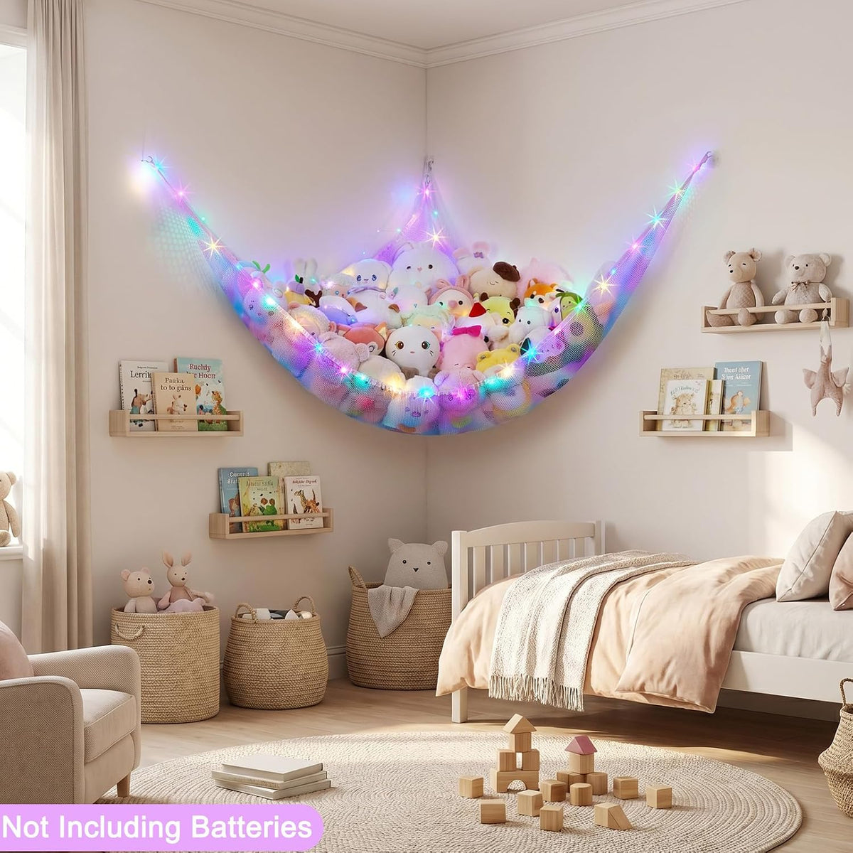 Stuffed Animals Hammock with LED Light Toy Net Room Decor Corner Storage