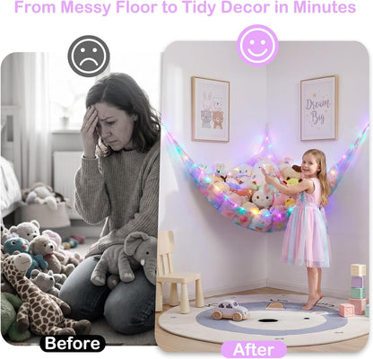 Stuffed Animals Hammock with LED Light Toy Net Room Decor Corner Storage
