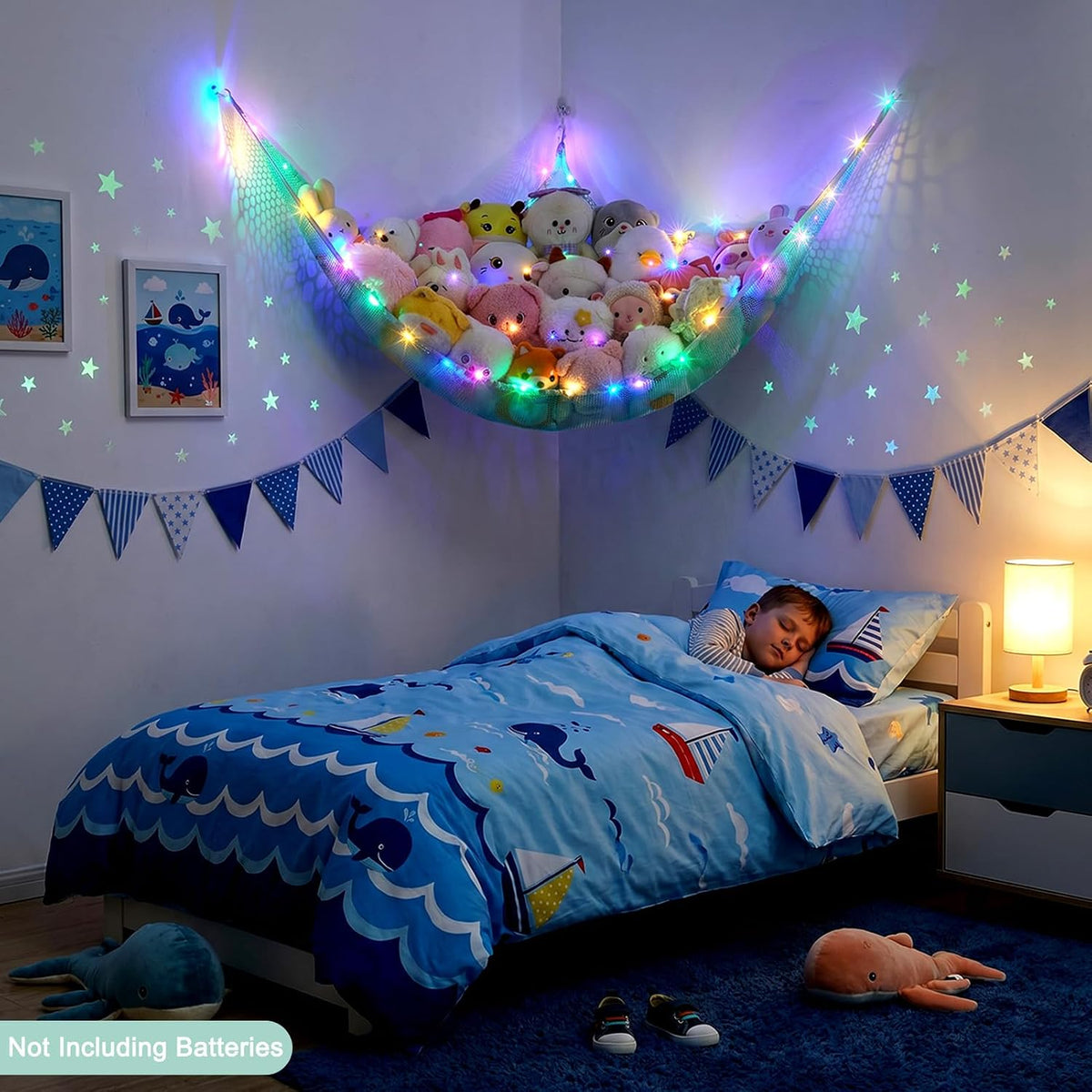 Stuffed Animals Hammock with LED Light Toy Net Room Decor Corner Storage