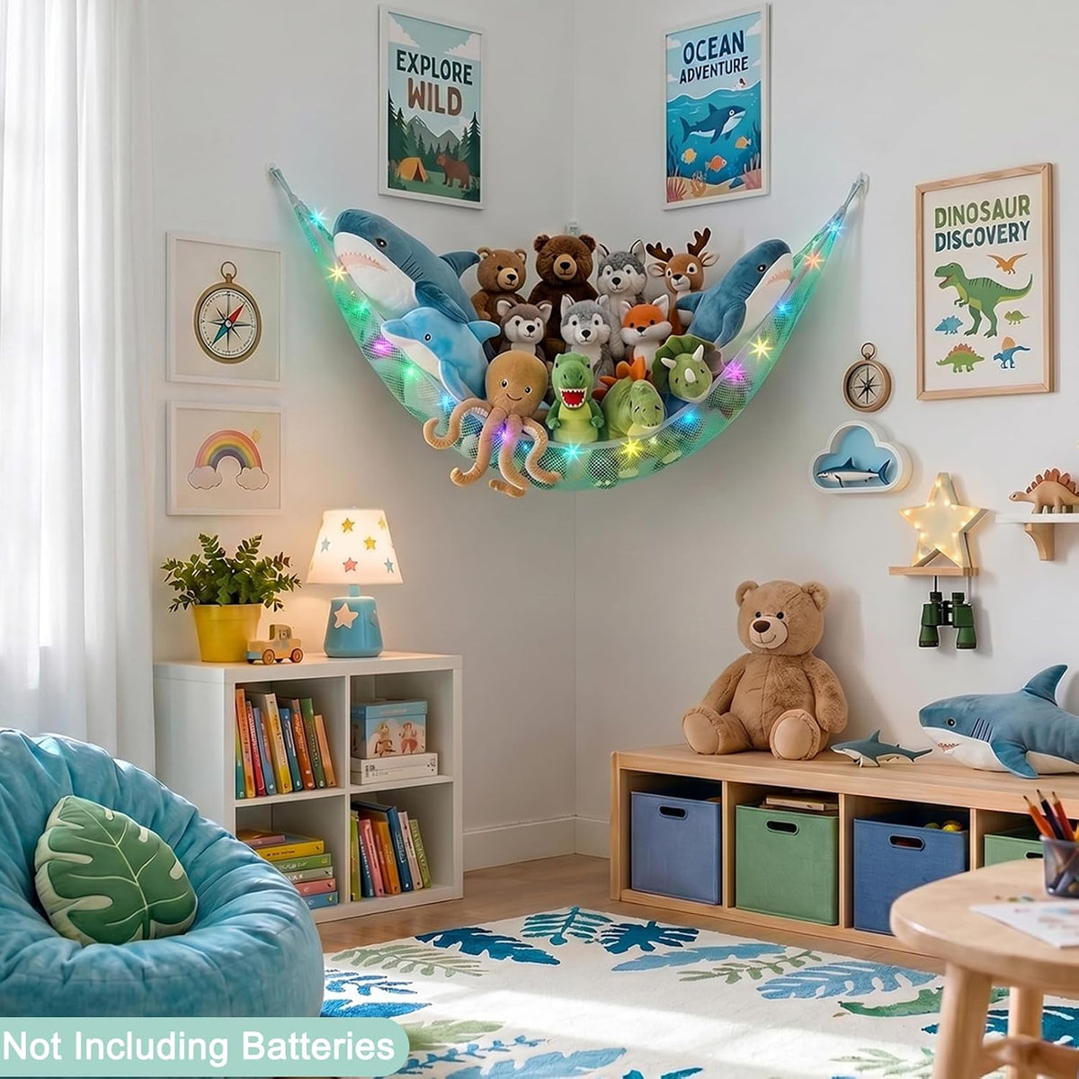 Stuffed Animals Hammock with LED Light Toy Net Room Decor Corner Storage