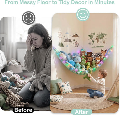 Stuffed Animals Hammock with LED Light Toy Net Room Decor Corner Storage