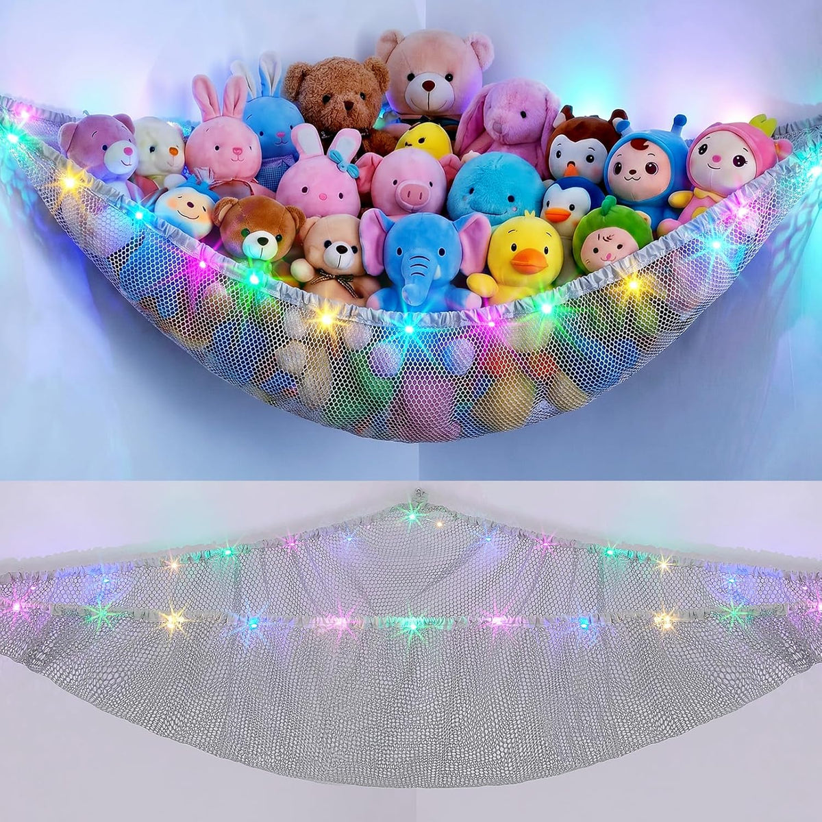 Stuffed Animals Hammock with LED Light Toy Net Room Decor Corner Storage