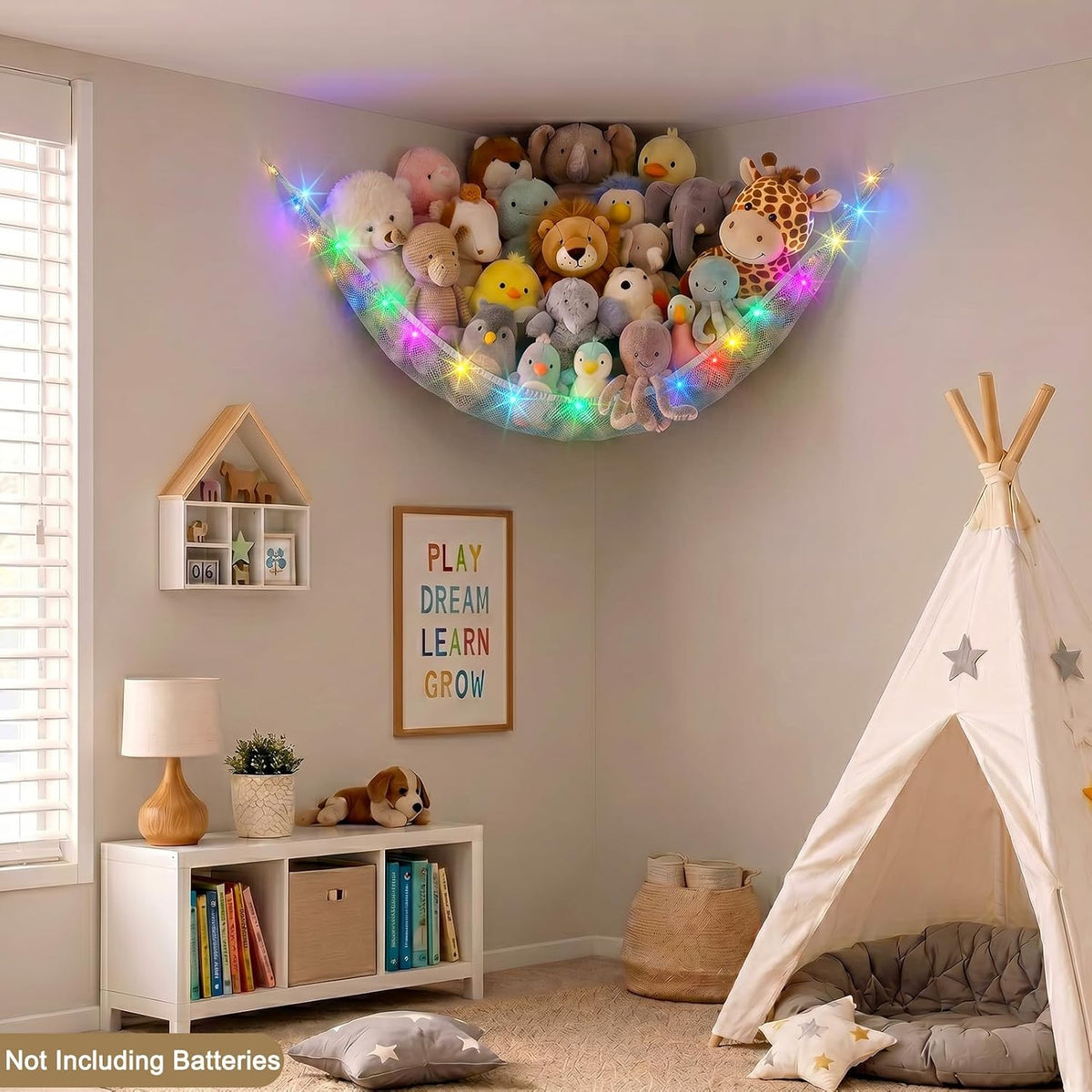 Stuffed Animals Hammock with LED Light Toy Net Room Decor Corner Storage