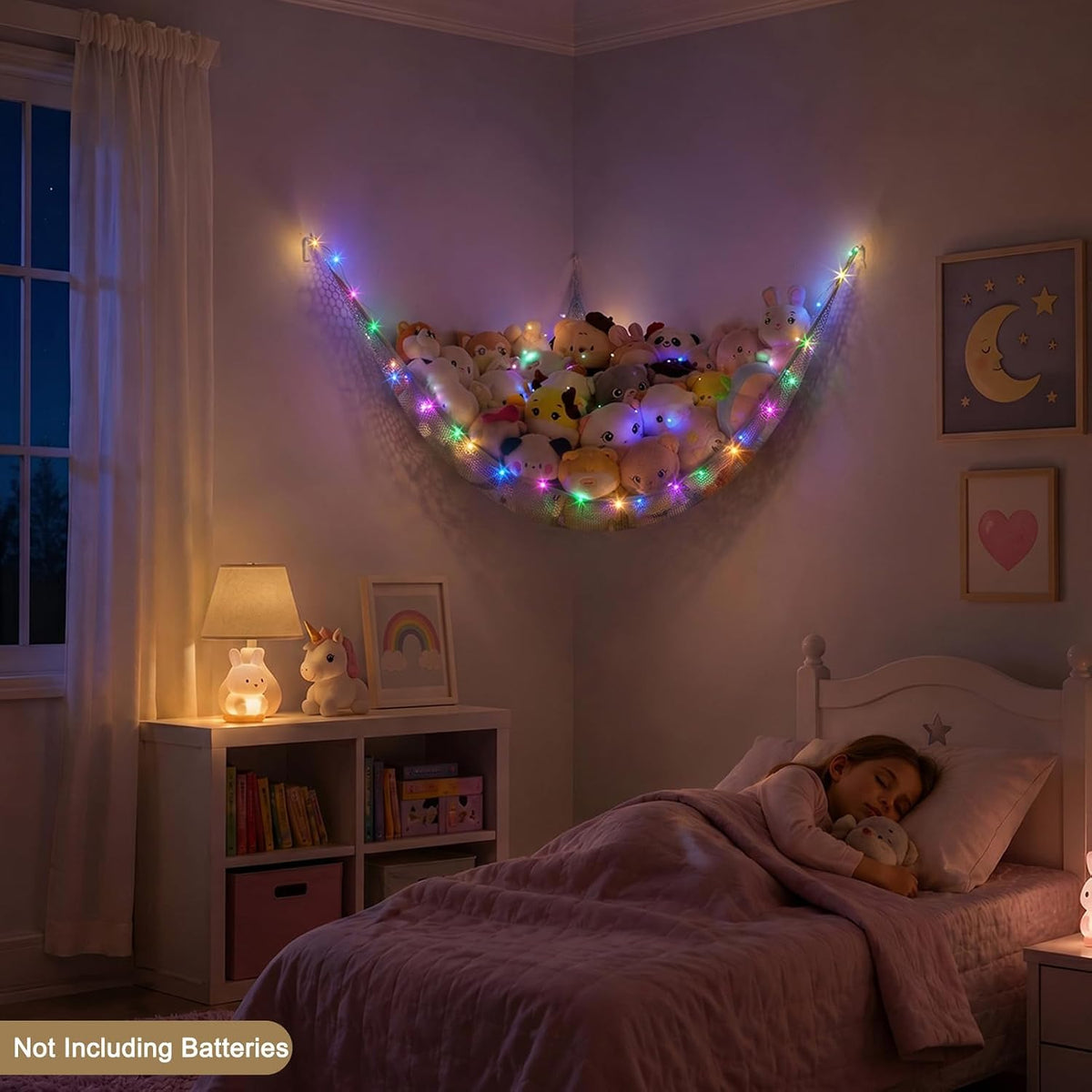 Stuffed Animals Hammock with LED Light Toy Net Room Decor Corner Storage