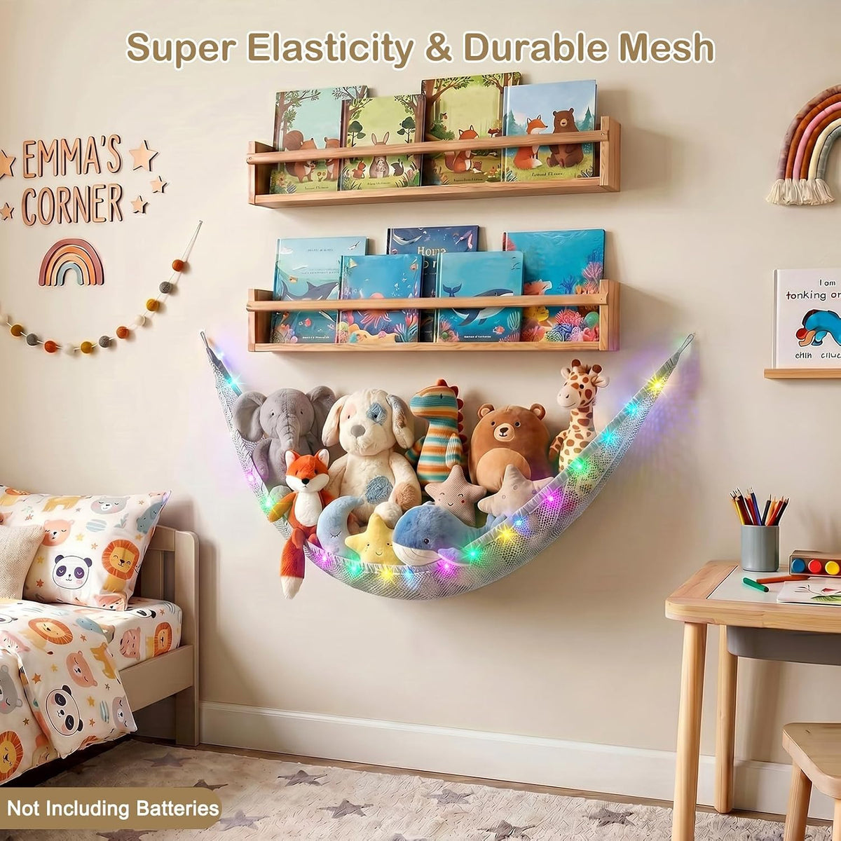 Stuffed Animals Hammock with LED Light Toy Net Room Decor Corner Storage