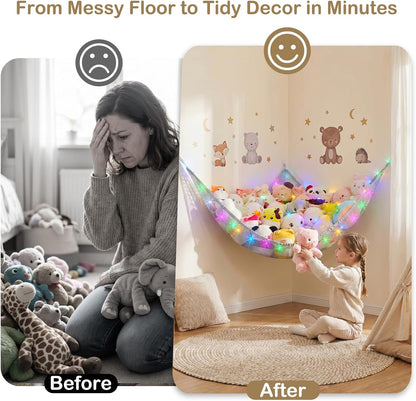 Stuffed Animals Hammock with LED Light Toy Net Room Decor Corner Storage