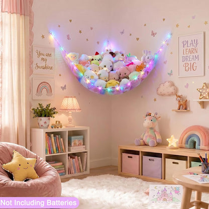 Stuffed Animals Hammock with LED Light Toy Net Room Decor Corner Storage