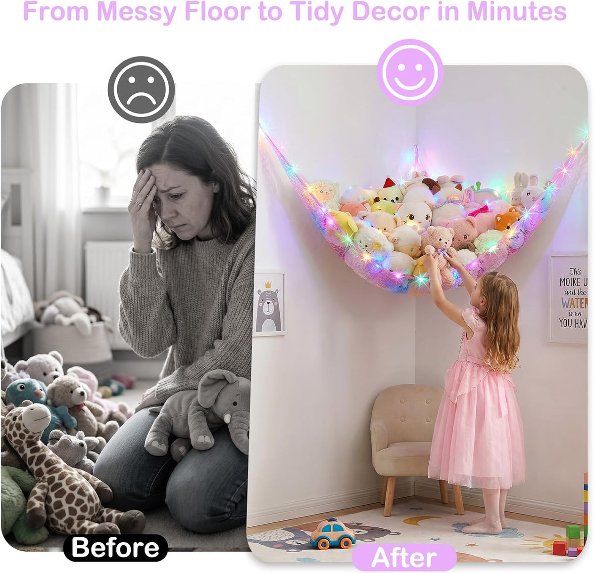 Stuffed Animals Hammock with LED Light Toy Net Room Decor Corner Storage