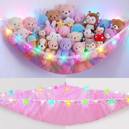 Stuffed Animals Hammock with LED Light Toy Net Room Decor Corner Storage