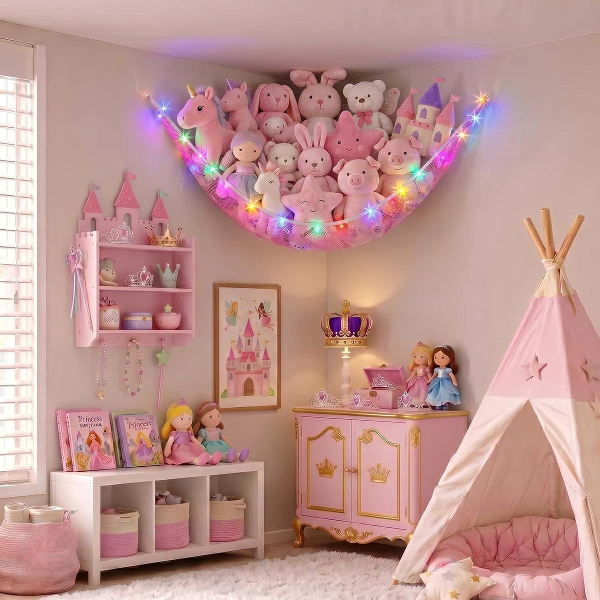 Stuffed Animals Hammock with LED Light Toy Net Room Decor Corner Storage