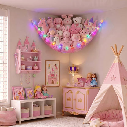 Stuffed Animals Hammock with LED Light Toy Net Room Decor Corner Storage