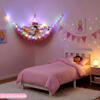 Stuffed Animals Hammock with LED Light Toy Net Room Decor Corner Storage