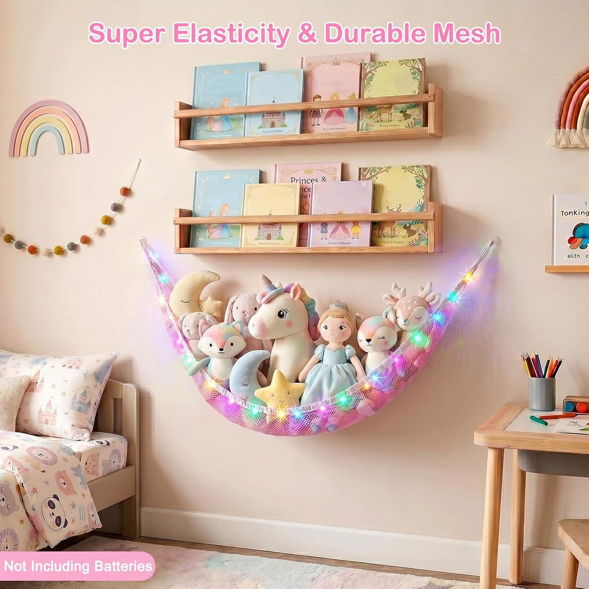 Stuffed Animals Hammock with LED Light Toy Net Room Decor Corner Storage