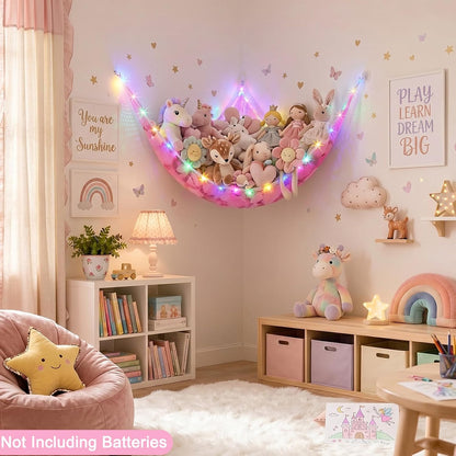 Stuffed Animals Hammock with LED Light Toy Net Room Decor Corner Storage