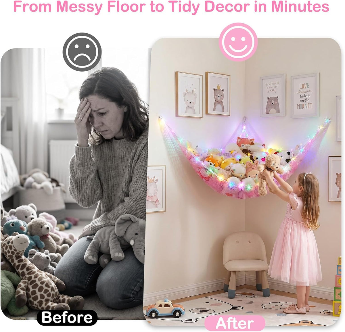 Stuffed Animals Hammock with LED Light Toy Net Room Decor Corner Storage