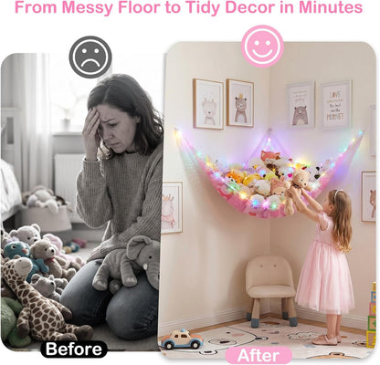 Stuffed Animals Hammock with LED Light Toy Net Room Decor Corner Storage