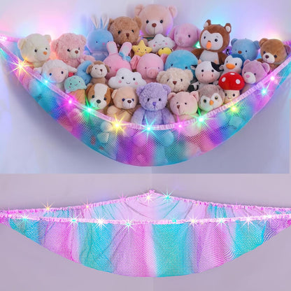 Stuffed Animals Hammock with LED Light Toy Net Room Decor Corner Storage