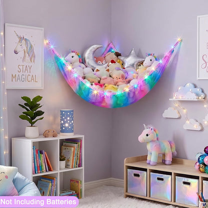 Stuffed Animals Hammock with LED Light Toy Net Room Decor Corner Storage