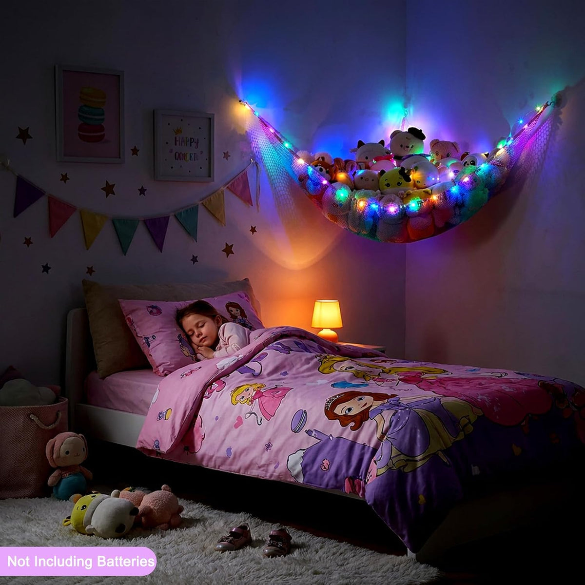 Stuffed Animals Hammock with LED Light Toy Net Room Decor Corner Storage