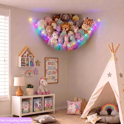 Stuffed Animals Hammock with LED Light Toy Net Room Decor Corner Storage