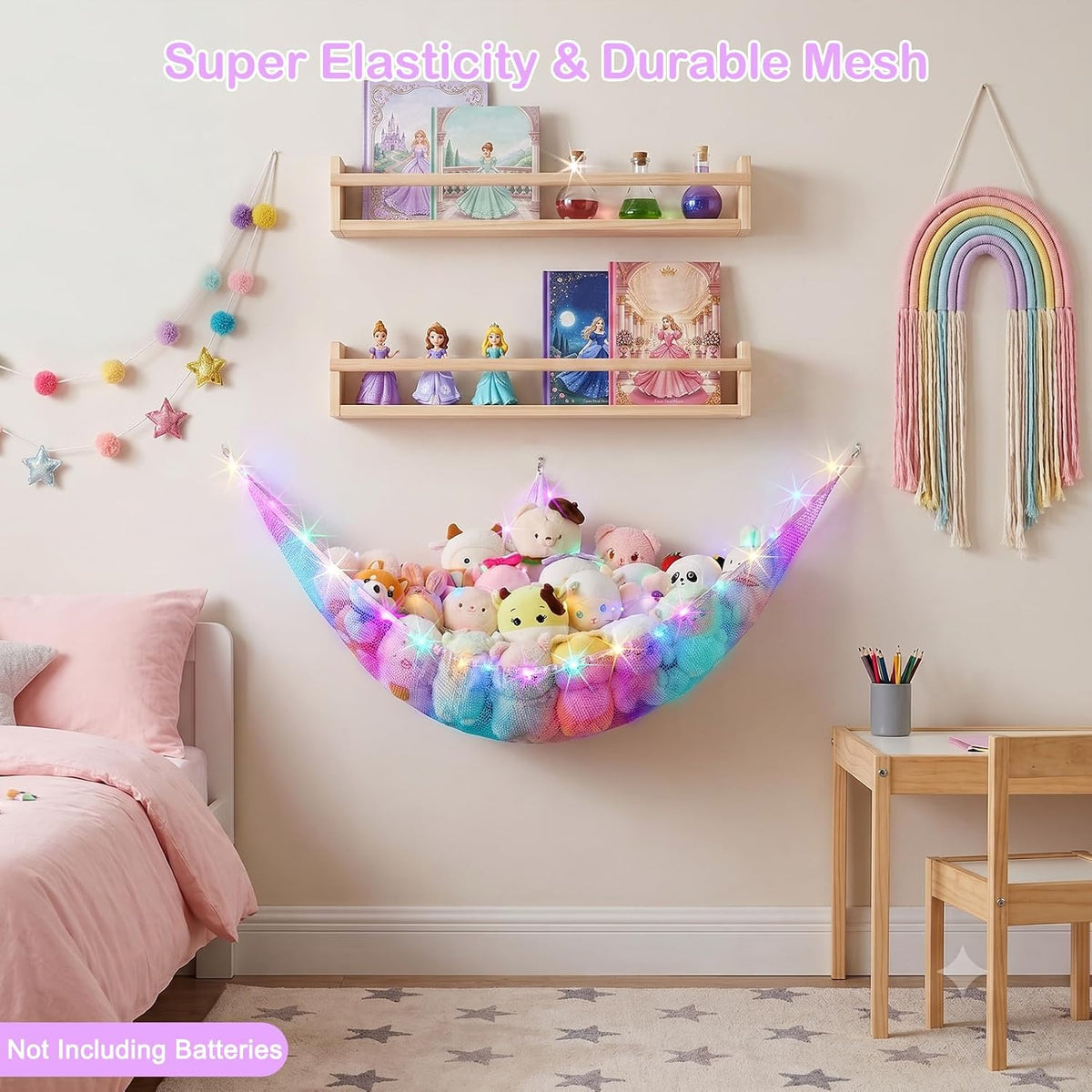 Stuffed Animals Hammock with LED Light Toy Net Room Decor Corner Storage
