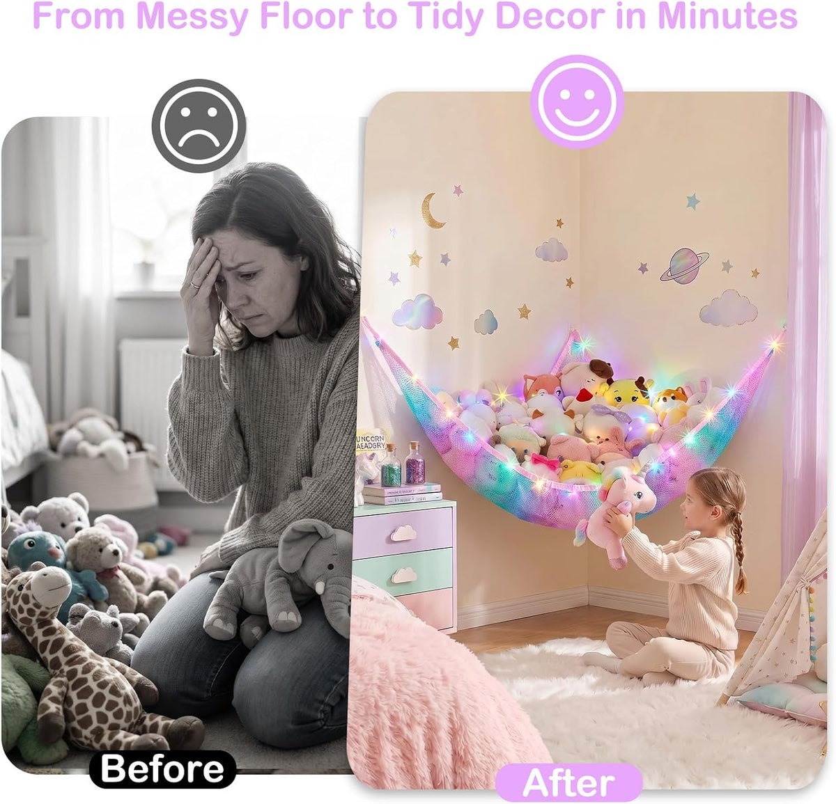 Stuffed Animals Hammock with LED Light Toy Net Room Decor Corner Storage