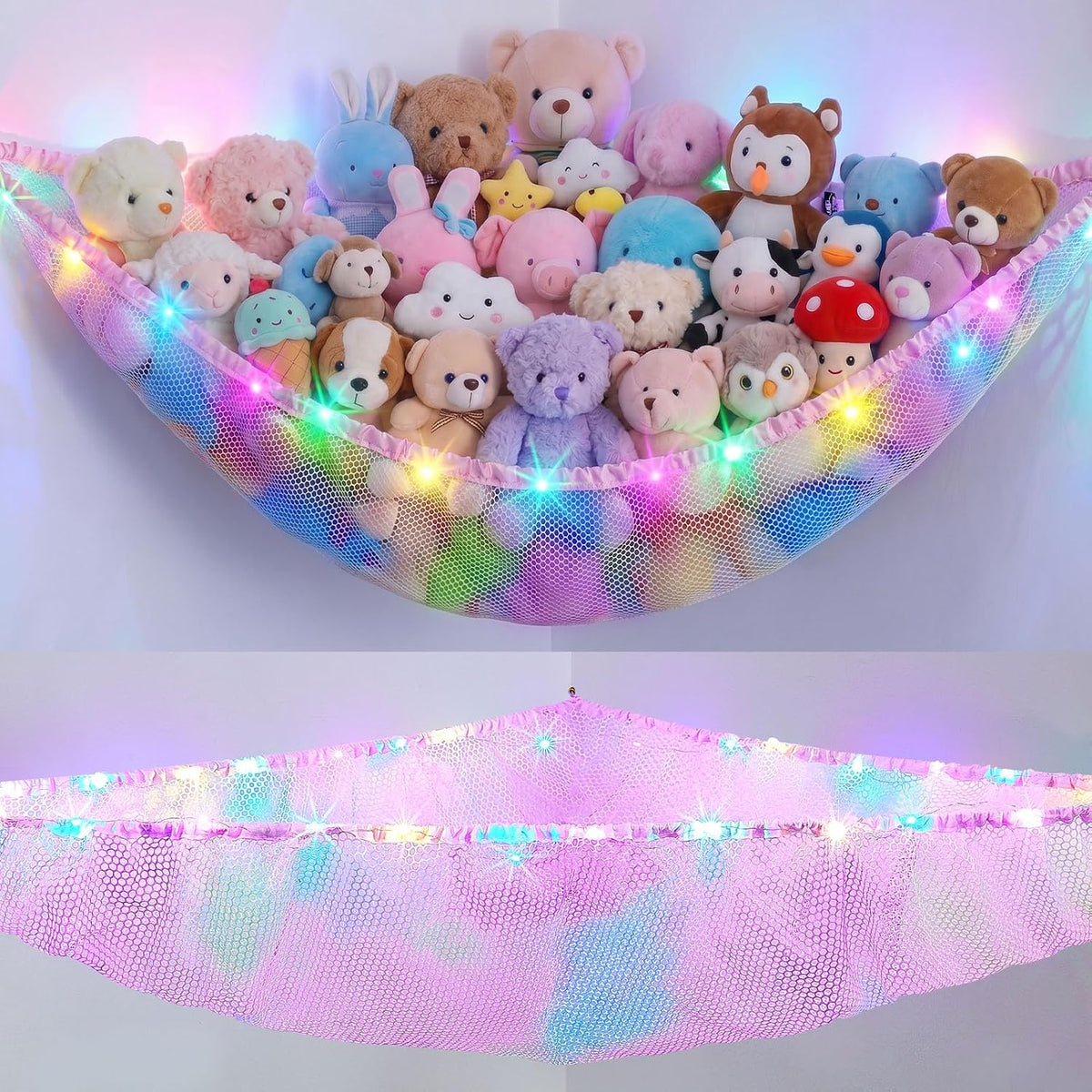 Stuffed Animals Hammock with LED Light Toy Net Room Decor Corner Storage