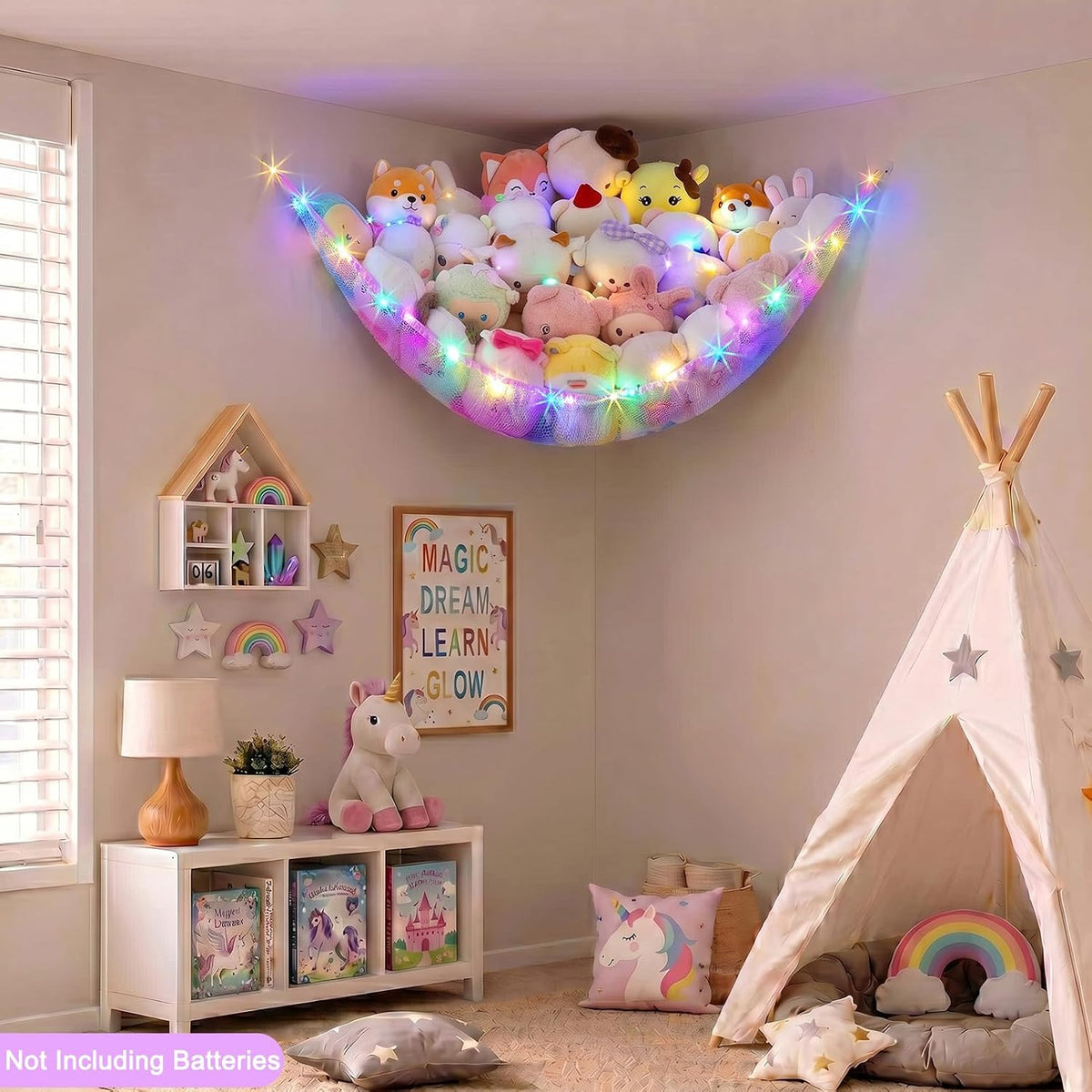 Stuffed Animals Hammock with LED Light Toy Net Room Decor Corner Storage