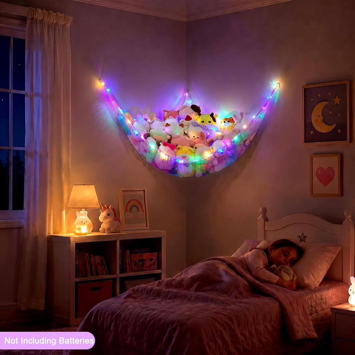 Stuffed Animals Hammock with LED Light Toy Net Room Decor Corner Storage