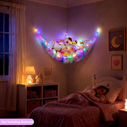 Stuffed Animals Hammock with LED Light Toy Net Room Decor Corner Storage