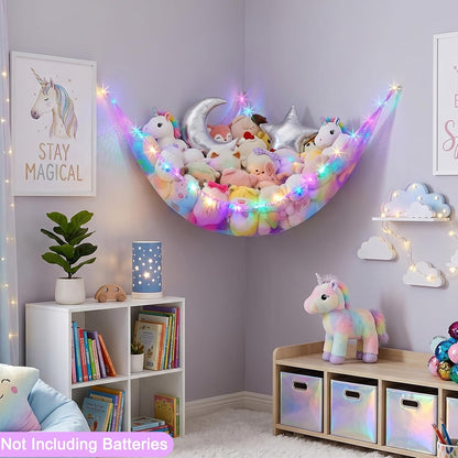 Stuffed Animals Hammock with LED Light Toy Net Room Decor Corner Storage