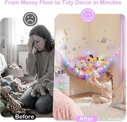 Stuffed Animals Hammock with LED Light Toy Net Room Decor Corner Storage