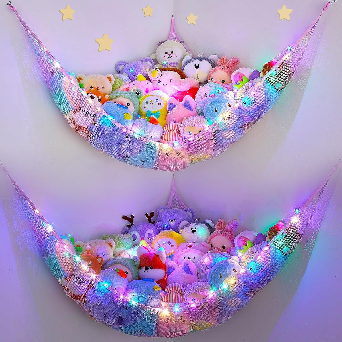 Stuffed Animals Hammock with LED Light Toy Net Room Decor Corner Storage