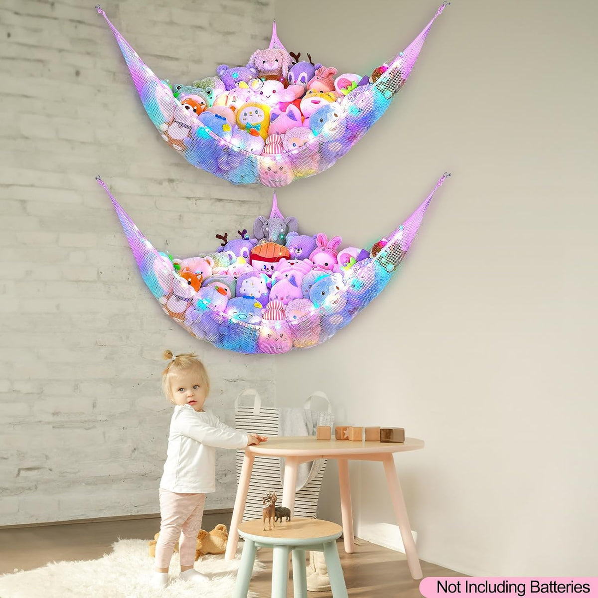 Stuffed Animals Hammock with LED Light Toy Net Room Decor Corner Storage