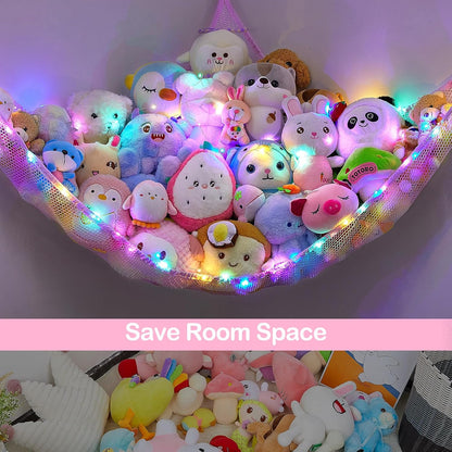 Stuffed Animals Hammock with LED Light Toy Net Room Decor Corner Storage