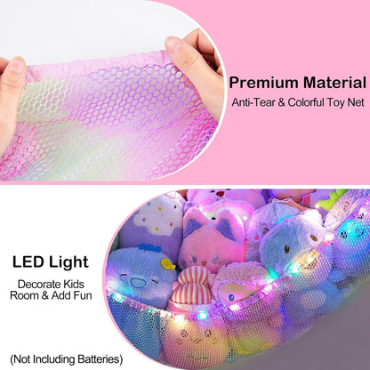 Stuffed Animals Hammock with LED Light Toy Net Room Decor Corner Storage