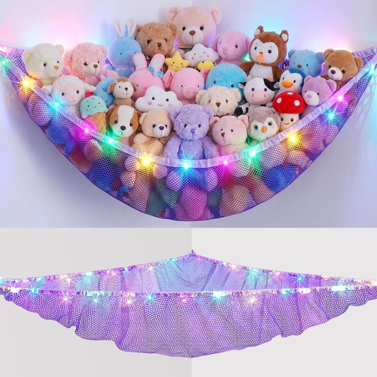 Stuffed Animals Hammock with LED Light Toy Net Room Decor Corner Storage