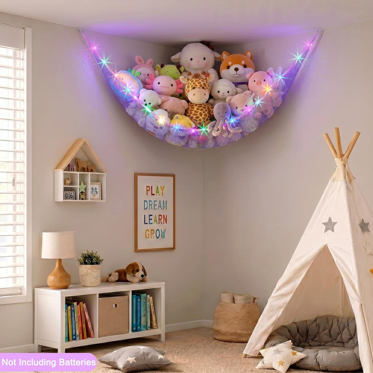 Stuffed Animals Hammock with LED Light Toy Net Room Decor Corner Storage