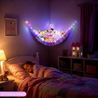 Stuffed Animals Hammock with LED Light Toy Net Room Decor Corner Storage