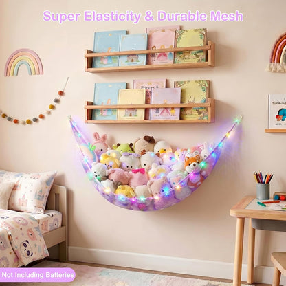 Stuffed Animals Hammock with LED Light Toy Net Room Decor Corner Storage
