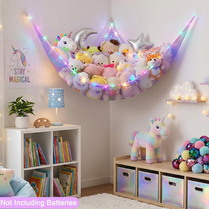 Stuffed Animals Hammock with LED Light Toy Net Room Decor Corner Storage