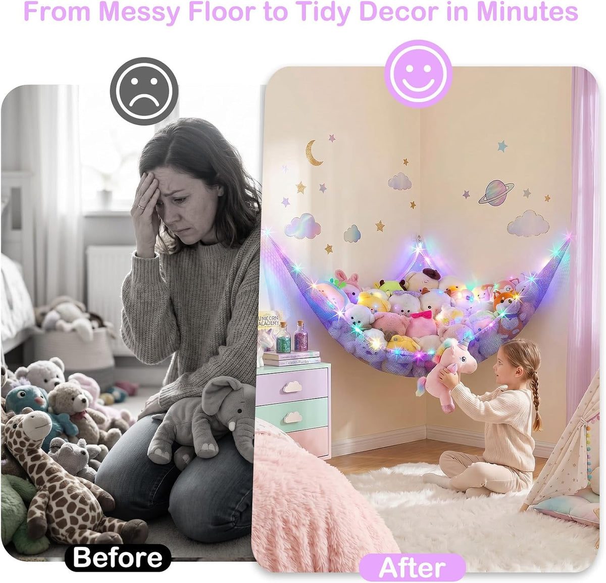 Stuffed Animals Hammock with LED Light Toy Net Room Decor Corner Storage